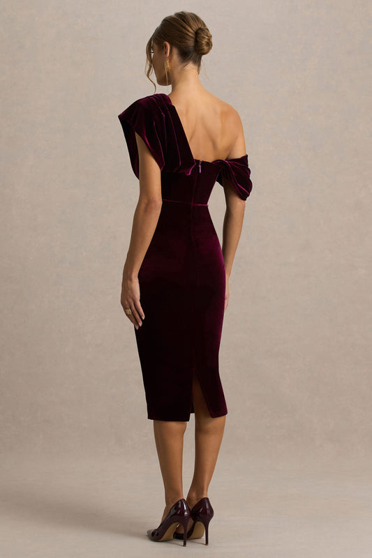High End | Burgundy Velvet Asymmetric-Neck Midi Dress With Draped Detailing