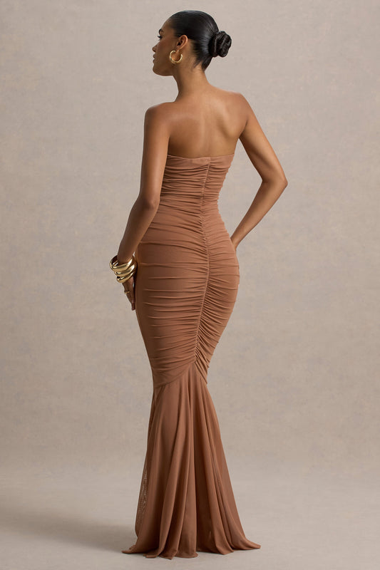 Talisa | Mocha Bandeau Ruched Maxi Dress With Mesh Fishtail