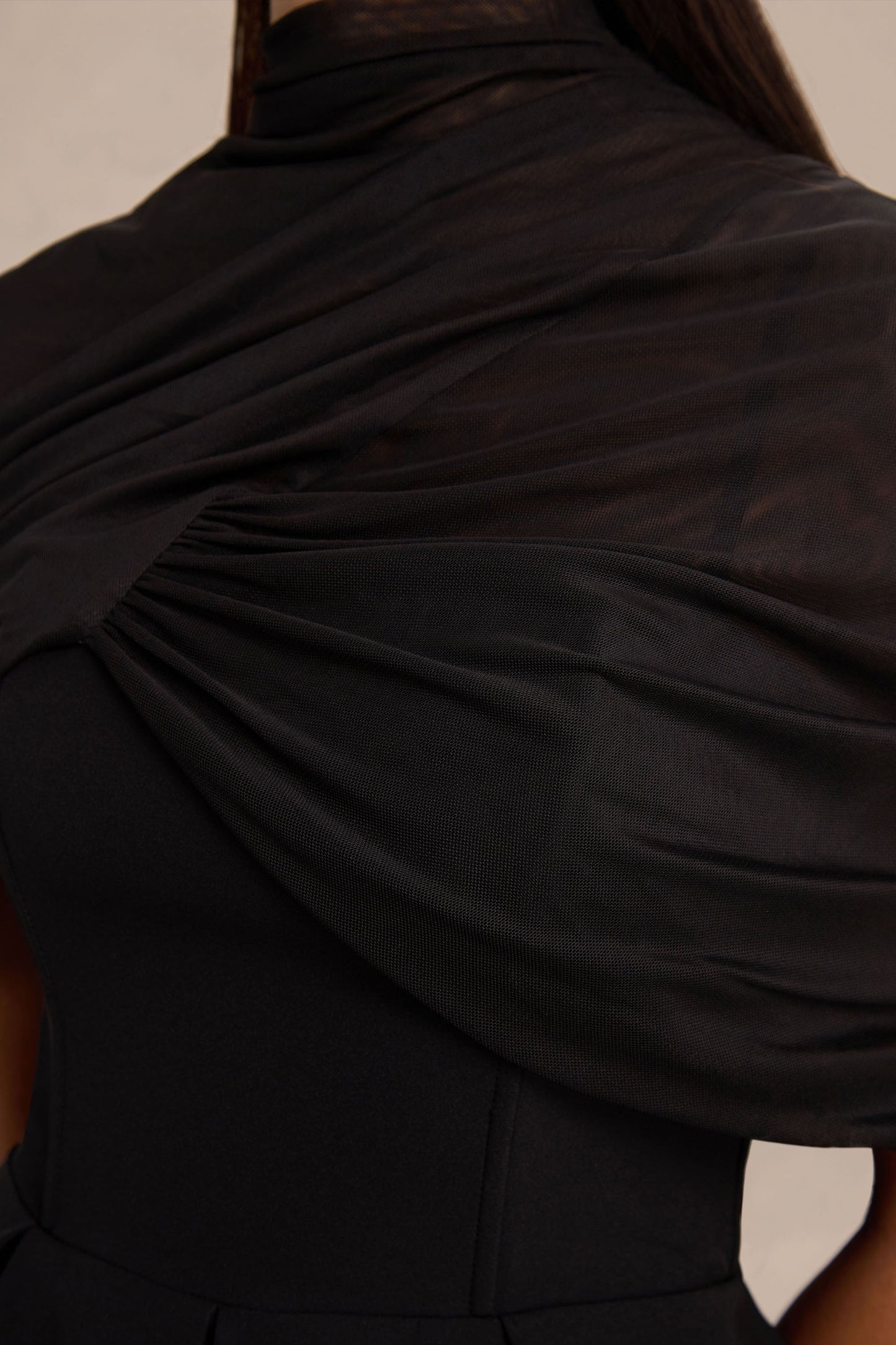 Thalia | Black High-Neck Midi Dress With Sheer Mesh Cape