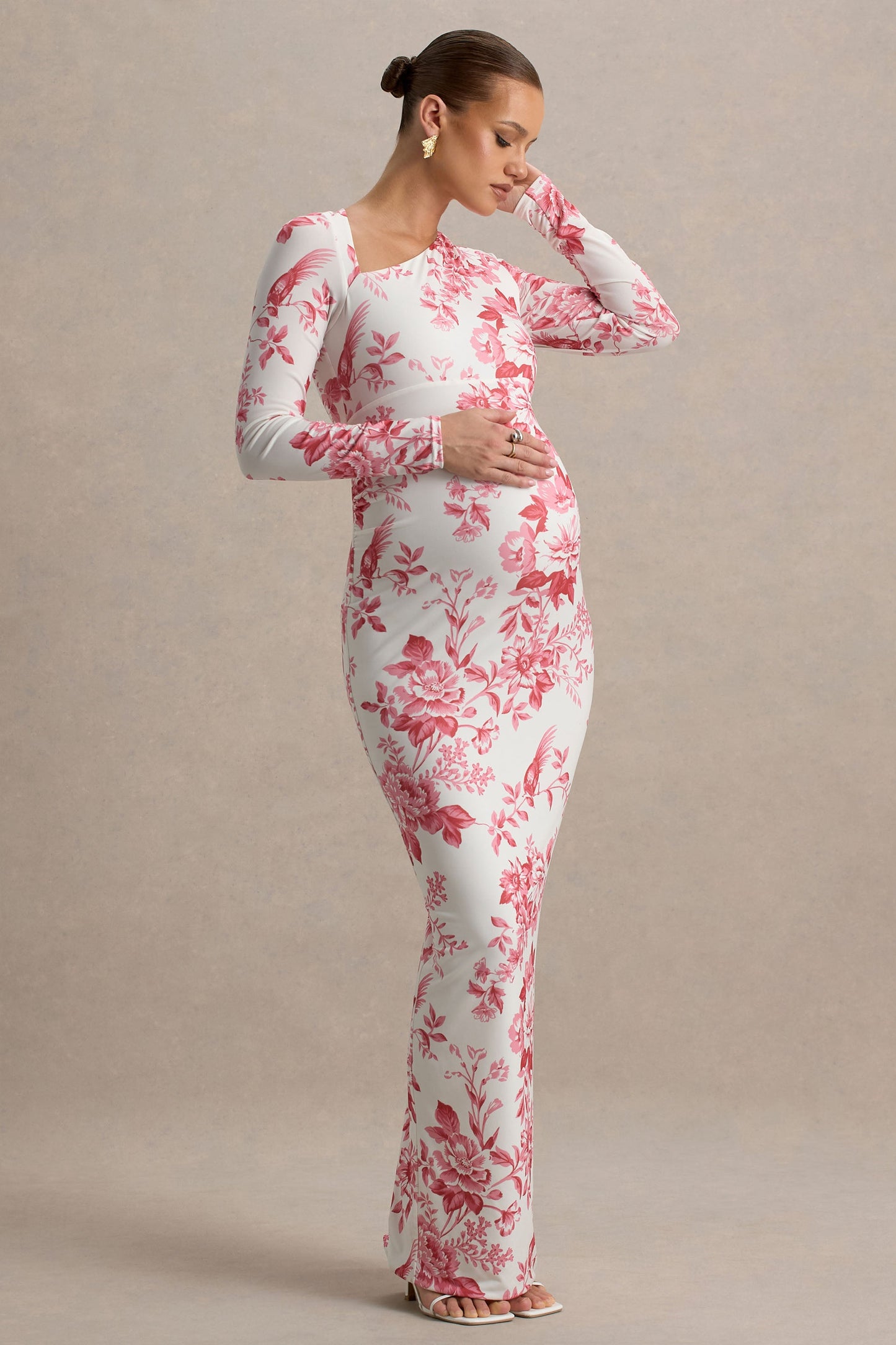 Vanette | Pink Floral Print Asymmetric Long-Sleeve Maternity Maxi Dress