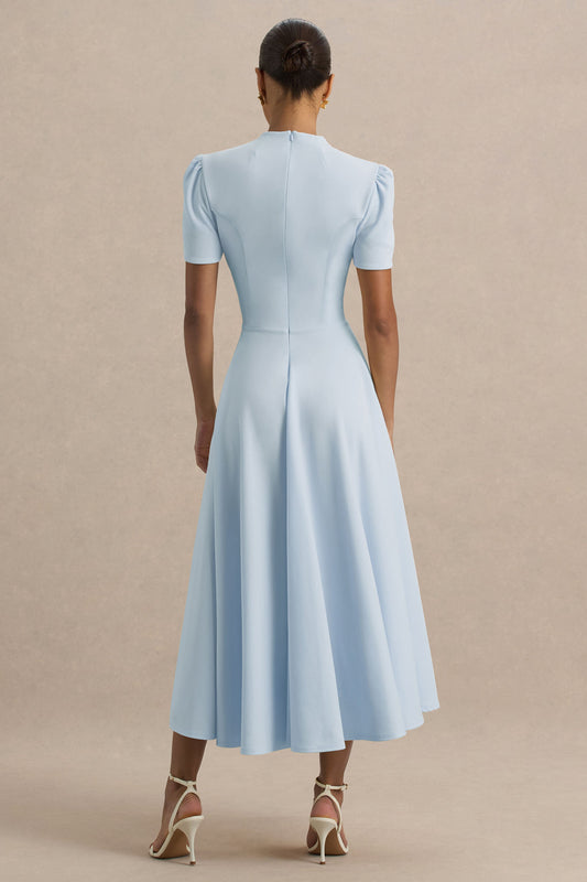 Vicky | Powder Blue High Neck Midi Dress With Puff Sleeves