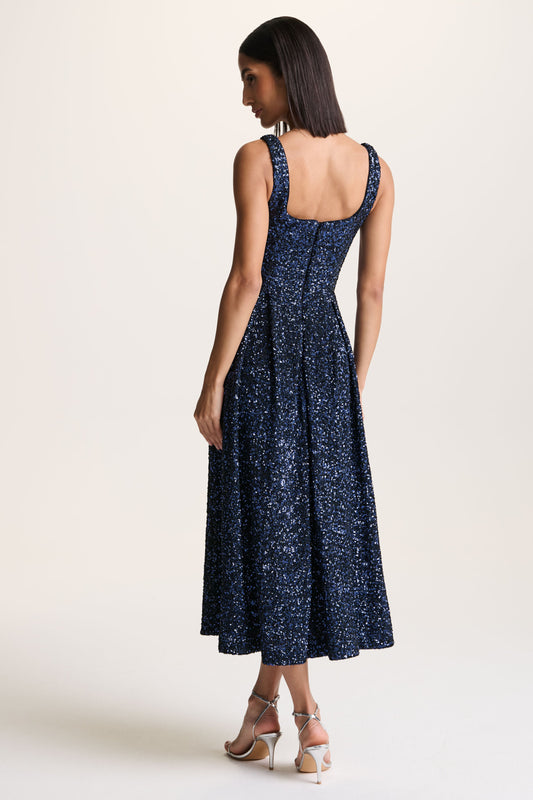 Lima | Navy Sequin Square-Neck A-Line Midi Dress