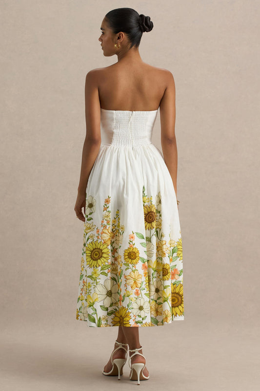 Ivory | Sunflower Print Bandeau High-Low Midi Dress