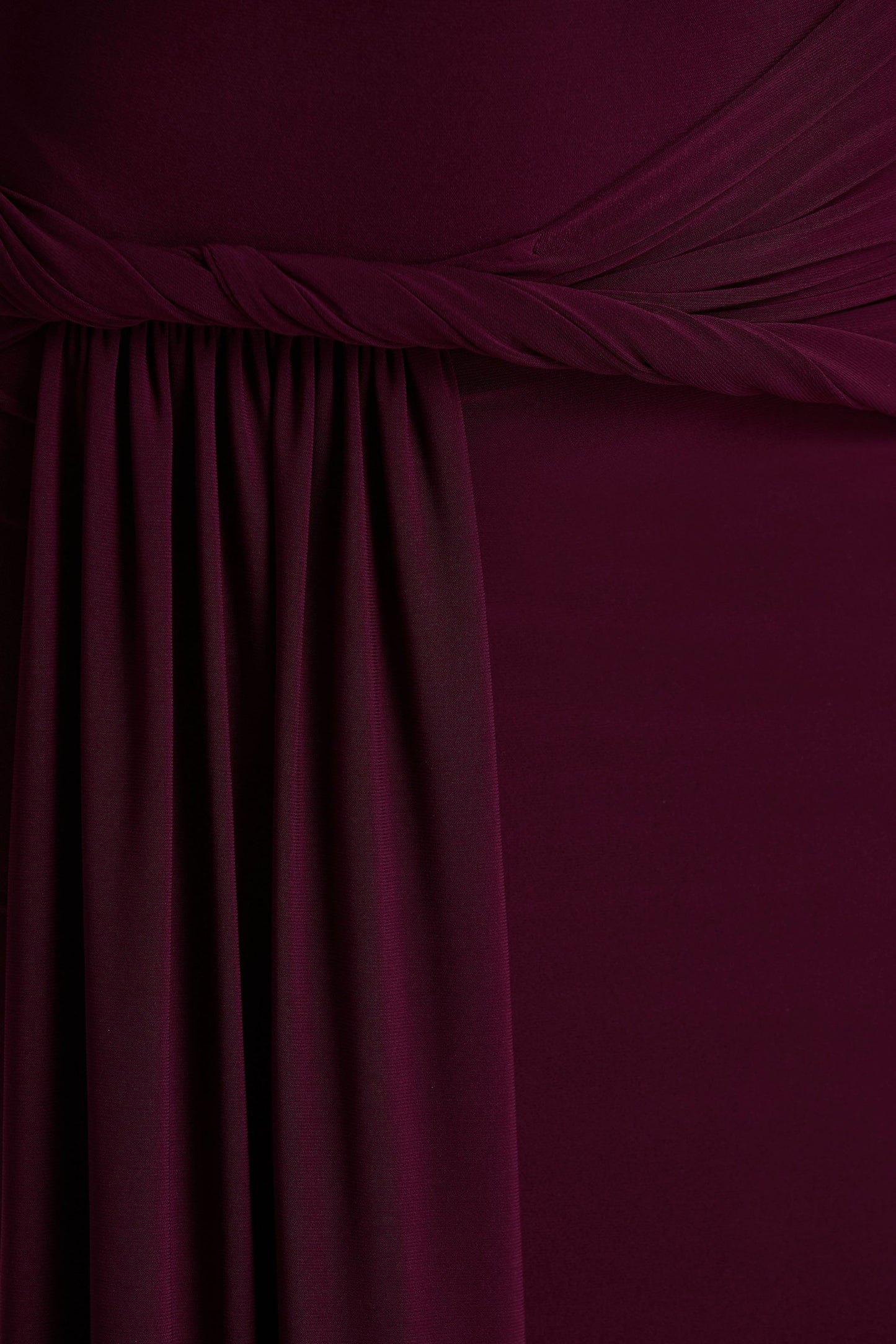 Tulisa | Burgundy Asymmetric-Neck Maxi Dress With Twist Sleeves And Ruched Detailing