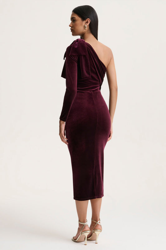 Vespera | Burgundy Velvet Asymmetric Neck Midi Dress With Bow Detail