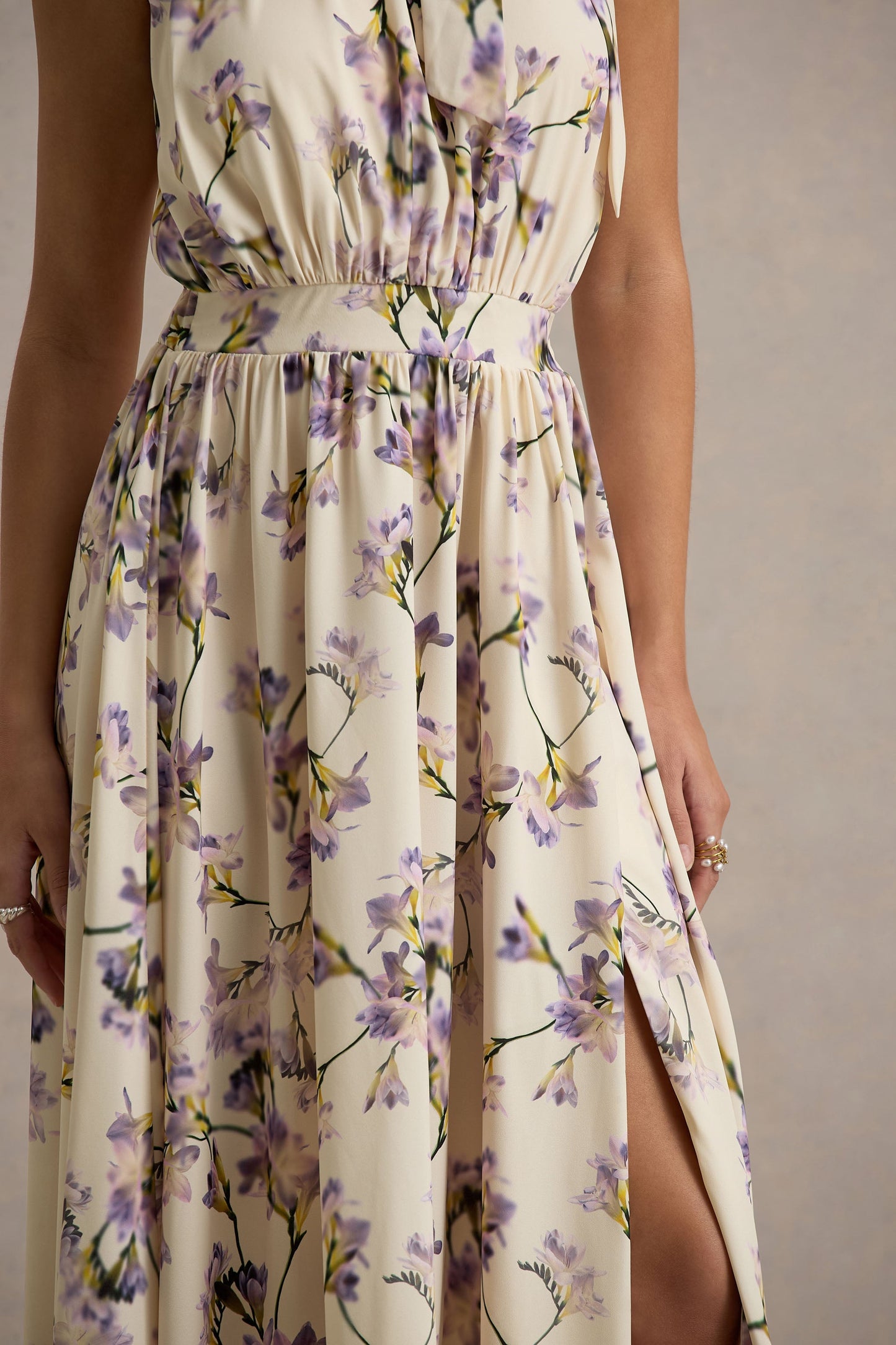 Talia | Lemon Floral Print High-Neck Split Maxi Dress With Bow