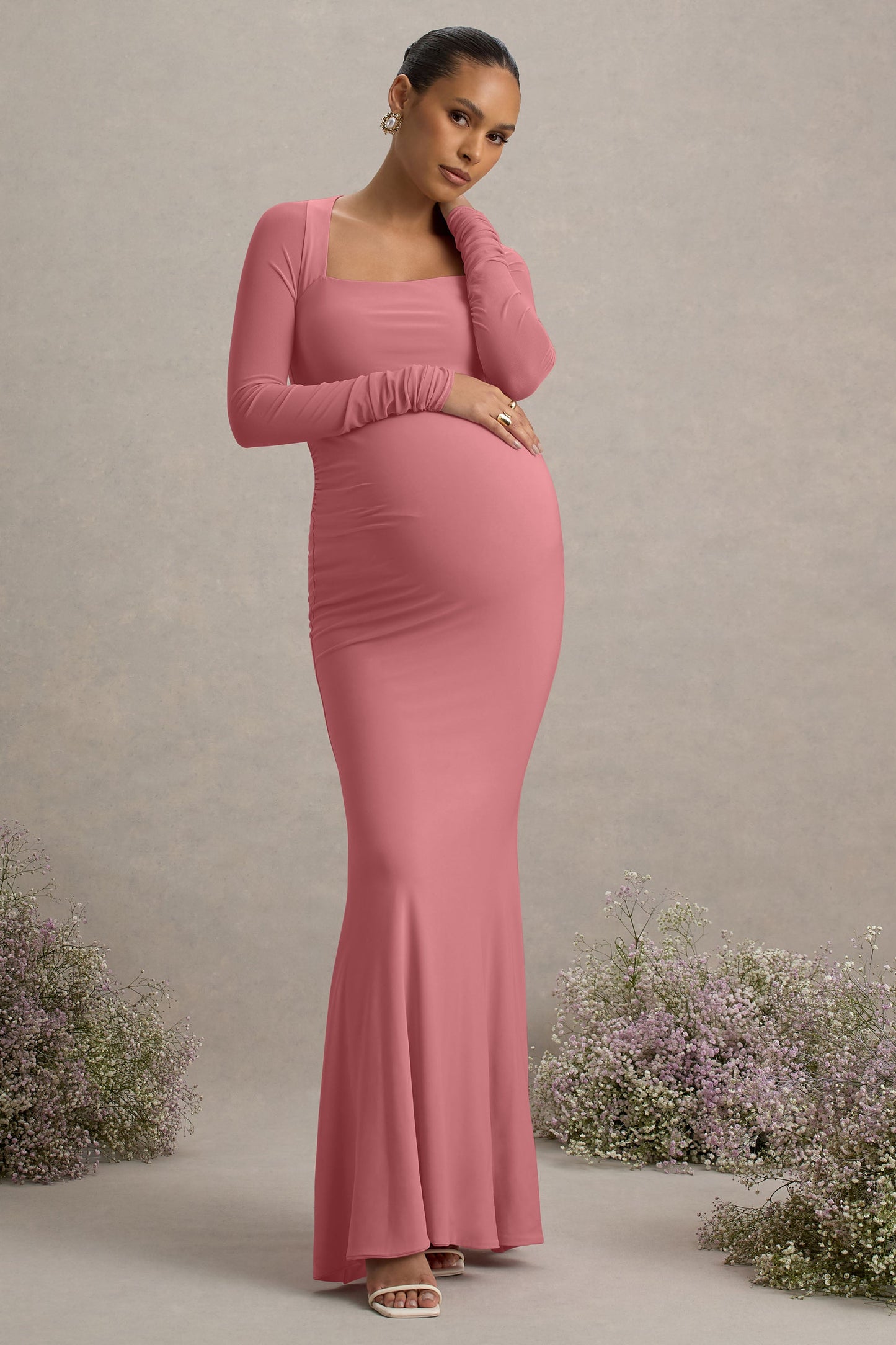 Abeam | Blush Pink Maternity Maxi Dress With Sheer Sleeves
