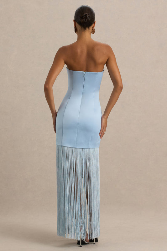 Trinity | Powder Blue Satin Bandeau Maxi Dress With Fringe