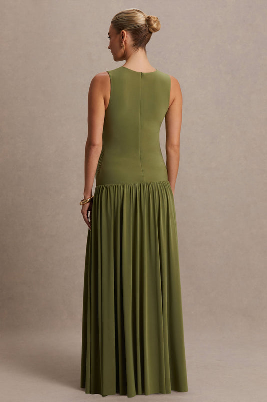 Outline | Olive Crew-Neck Maternity Maxi Dress With Pleated Skirt