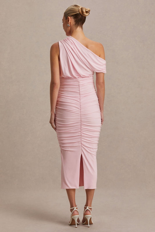 Linnea | Blush Pink Asymmetric-Neck Maternity Midi Dress