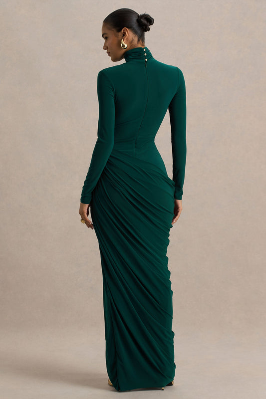 Betsy | Bottle Green High-Neck Maxi Dress With Front Split And Ruched Detailing