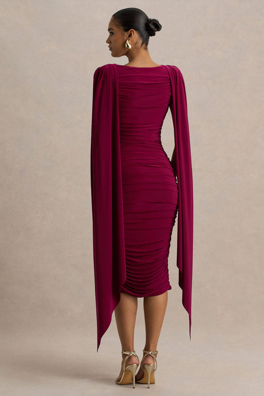 Wanderer | Burgundy Crew-Neck Midi Dress With Draped and Ruched Detailing