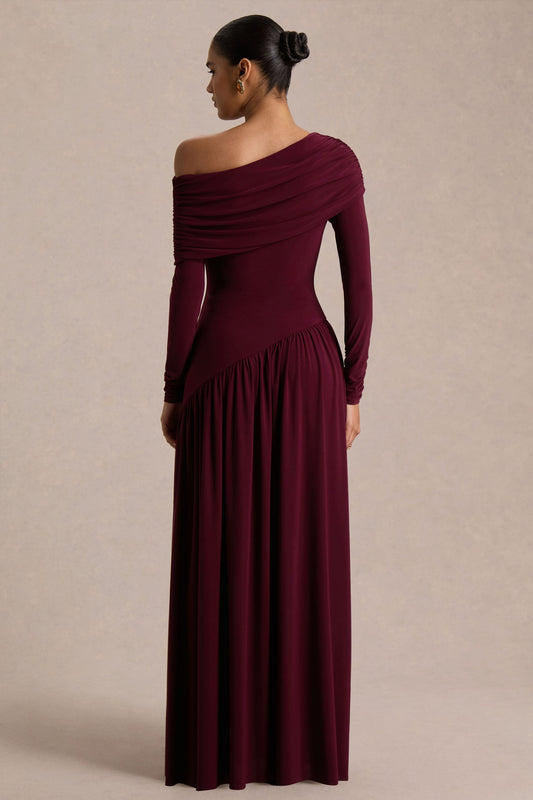 Farah | Burgundy Asymmetric-Neck Maxi Dress With Drop Waist And Ruched Detailing