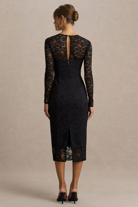 Alissa | Black Lace Square-Neck Midi Dress