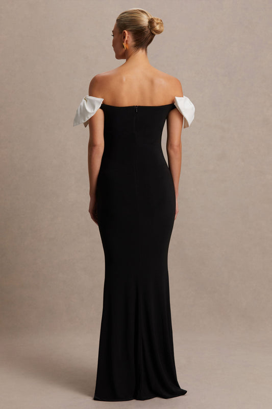 Didi | Black & White Bardot Bow Detail Maternity Maxi Dress