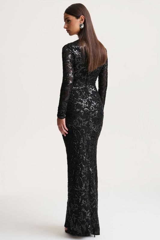 Stellar | Black Embellished Lace High-Neck Maxi Dress With Long Sleeves