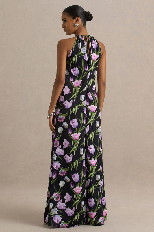 Svana | Black Satin Floral Asymmetric Halter-Neck Maxi Dress