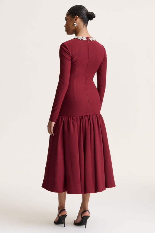 Jovana | Burgundy Hand-Embellished Crew-Neck Midi Dress With Drop Waist