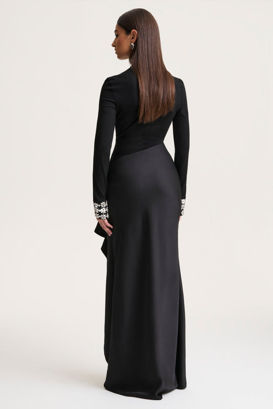 Starred | Black High-Neck Maxi Dress With Satin Wrap-Skirt And Embellished Cuffs