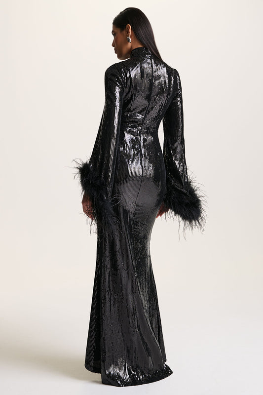 Cosmic Star | Black Sequin High-Neck Maxi Dress With Feather Cuffs