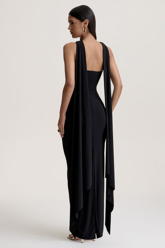 Sheila | Black Bandeau Maxi Dress With Scarf Detail