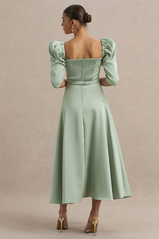 Rosey | Green Satin Sweetheart Midi Dress