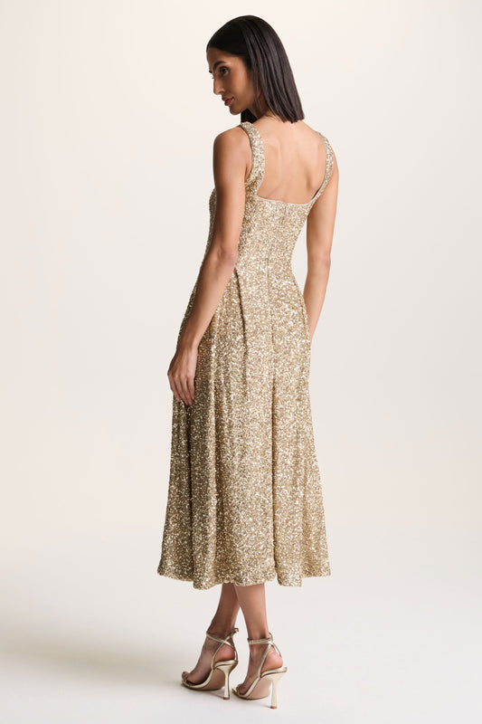 Lima | Champagne Sequin Square-Neck A-Line Midi Dress
