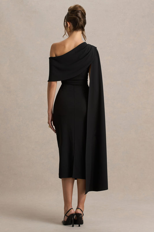 Leah | Black Asymmetric-Neck Midi Dress With Cape-Sleeve