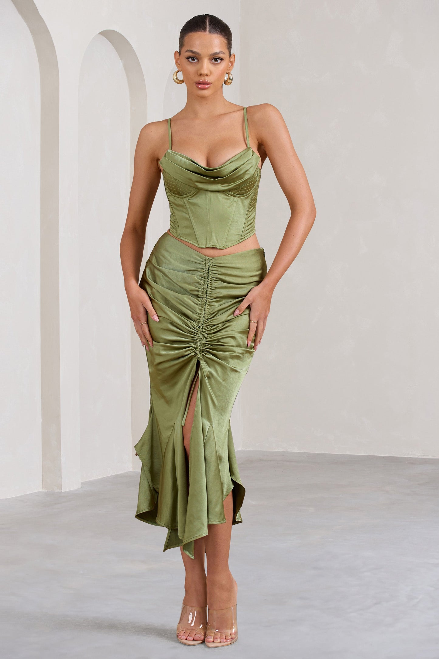 Per Favore | Olive Satin Ruched Split Maxi Skirt