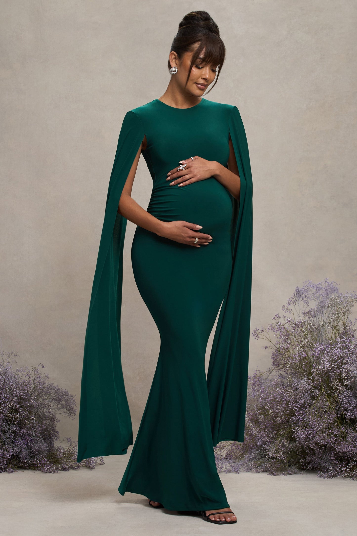 Divine Timing | Bottle Green Maternity Maxi Dress With Cape Sleeves