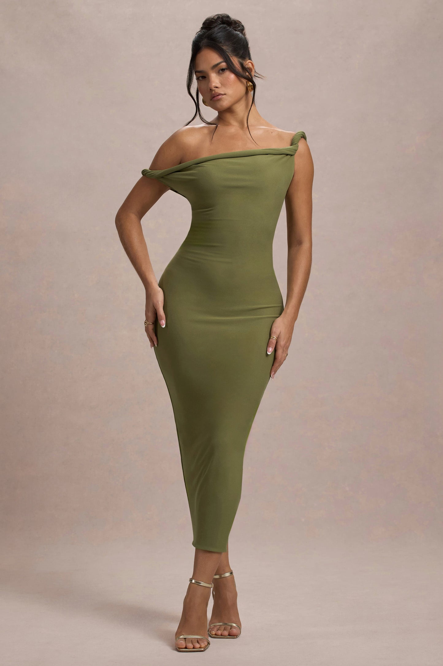 Salome | Olive Twisted Asymmetric Midi Dress