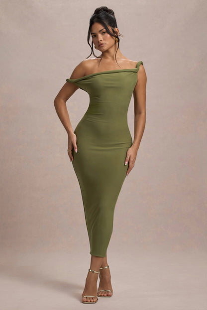 Salome | Olive Twisted Asymmetric Midi Dress
