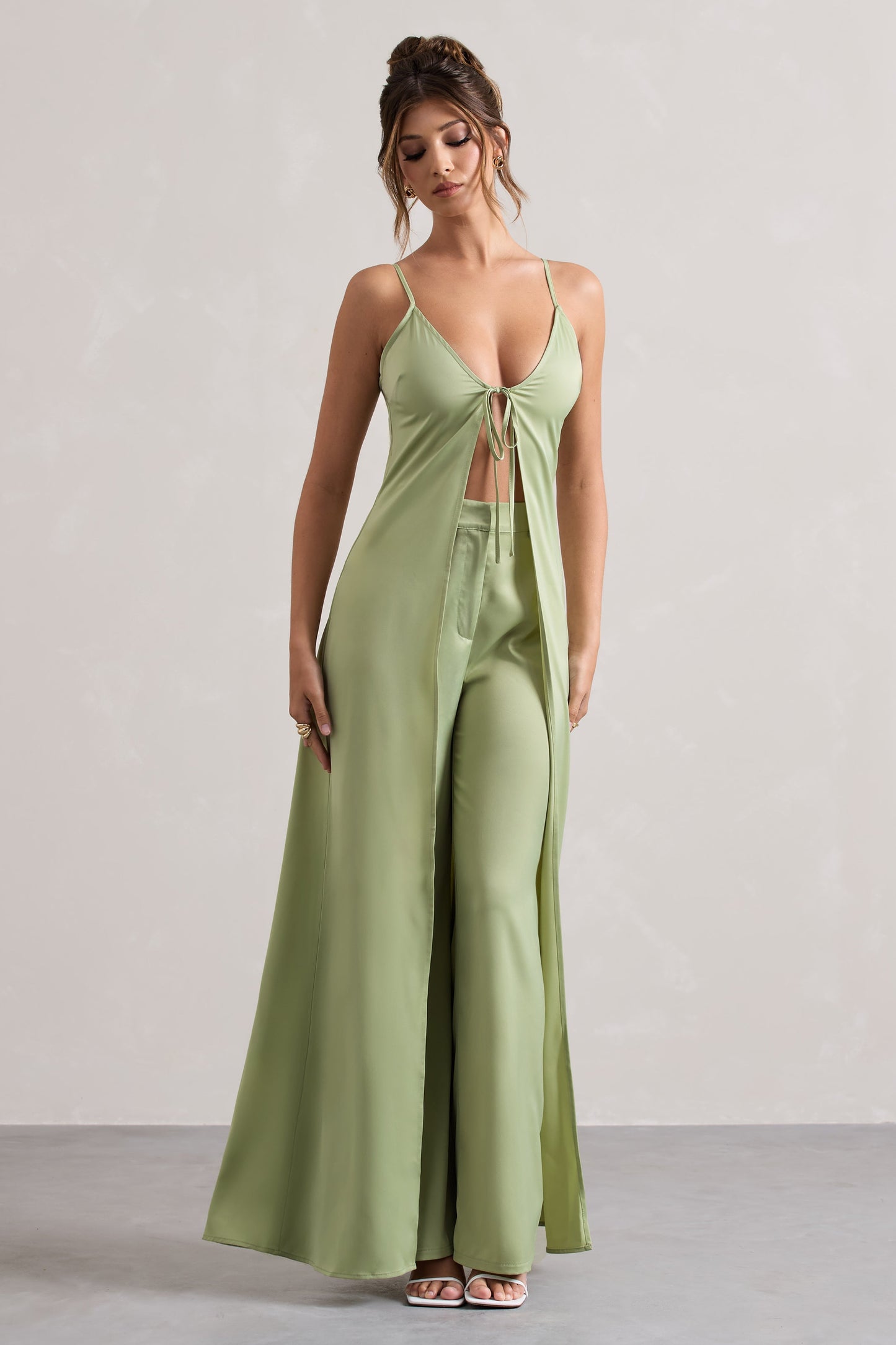Calvi | Pale Green Satin Longline Cami Top With Split Front