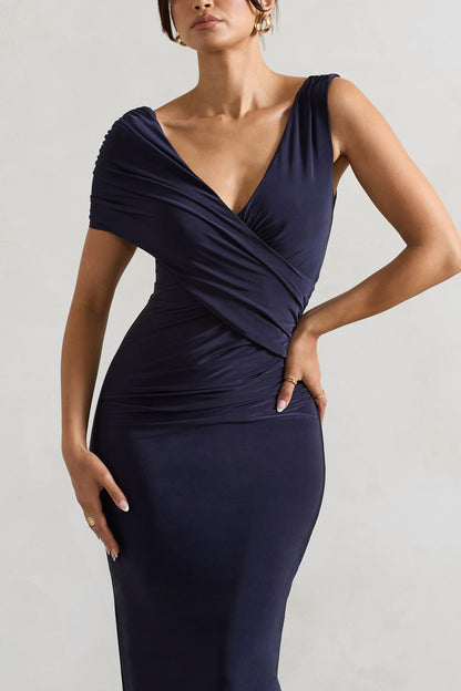 Capella | Navy Asymmetric Wrap Maxi Dress