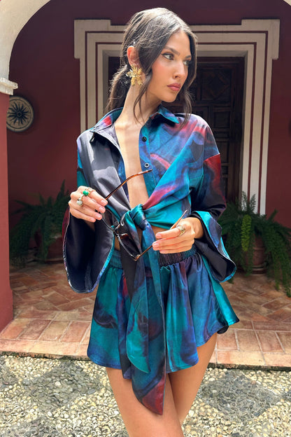 Marisela | Blue Print Satin Flared Sleeve Cropped  Shirt