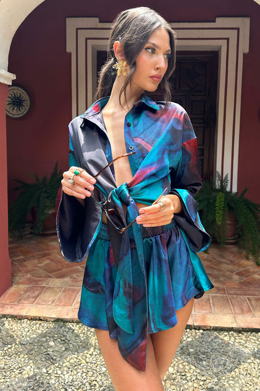 Marisela | Blue Print Satin Flared Sleeve Cropped  Shirt