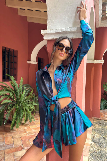 Marisela | Blue Print Satin Flared Sleeve Cropped  Shirt