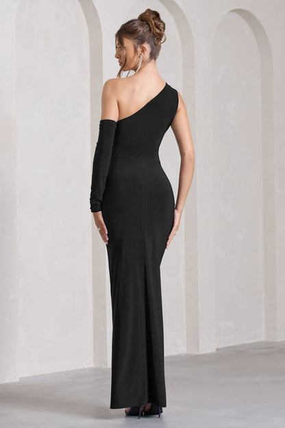 Carlina | Black Ruched One Shoulder Cut-Out Split Maxi Dress