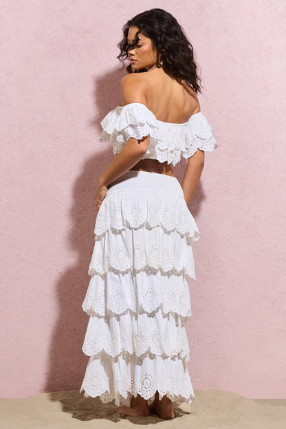 Vista | White Broderie Ruffled Tiered Maxi Skirt