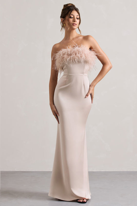 Dress For It | Champagne Satin Feather Trim Bandeau Maxi Dress