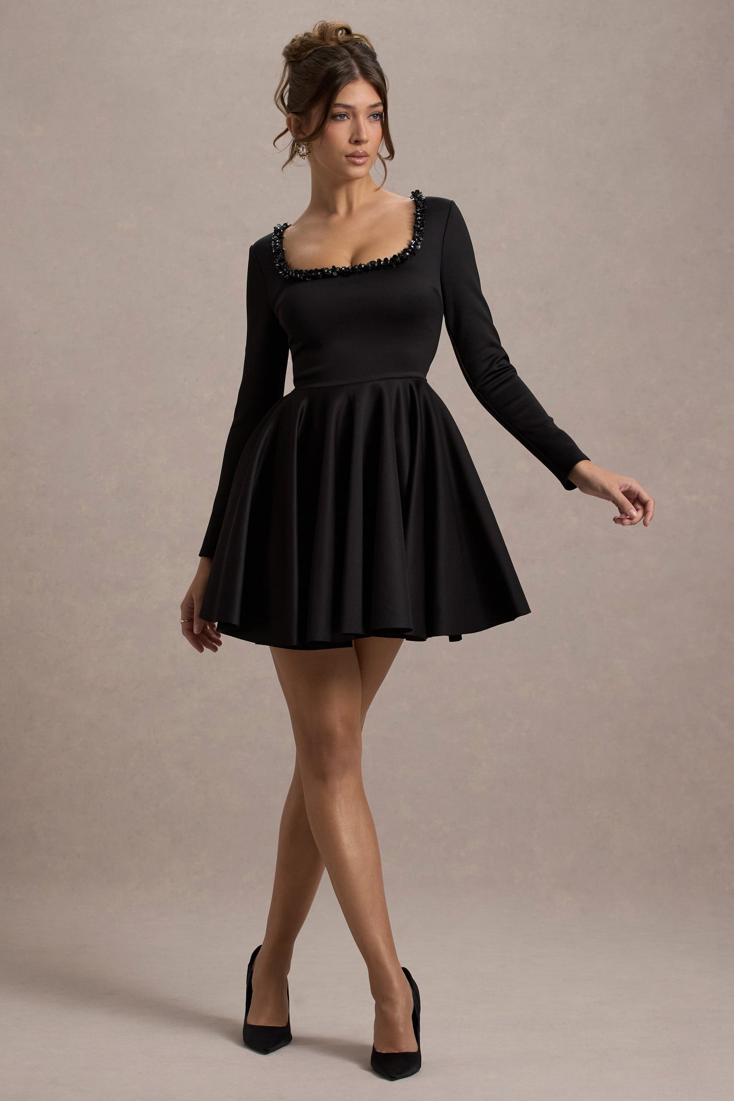 Wilder | Black Embellished Square-Neck Long-Sleeve Skater Mini Dress
