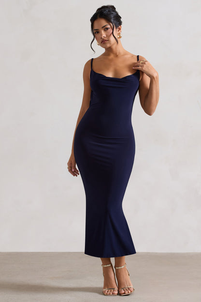 Addison | Navy Cowl-Neck Open-Back Midi Dress With Lace