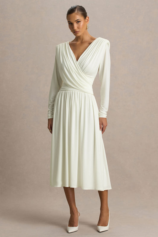 Alexis | Cream Plunge-Neck Midi Dress With Draped And Ruched Detailing