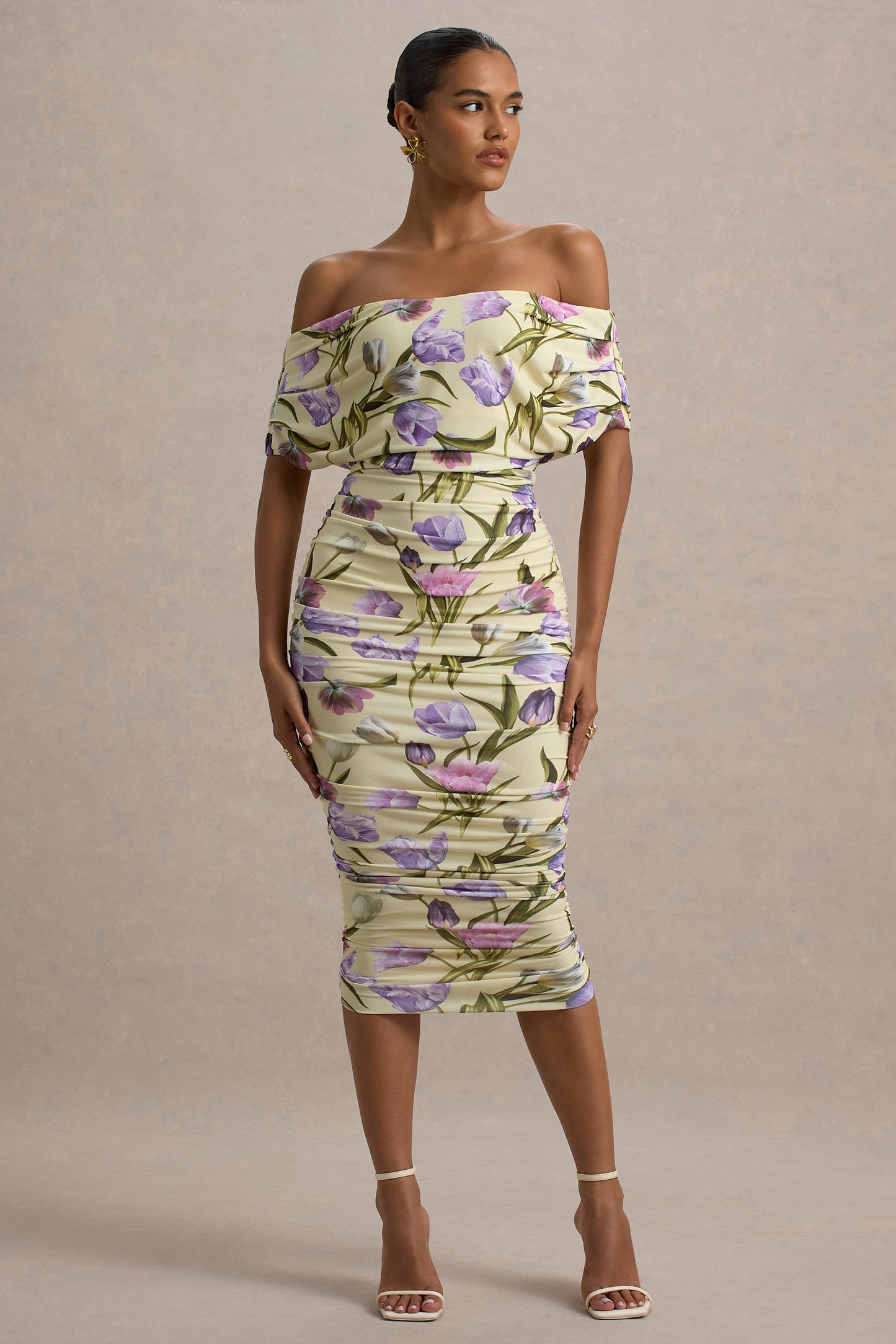 Rayleigh | Tulip Floral Print  Bardot Ruched Midi Dress
