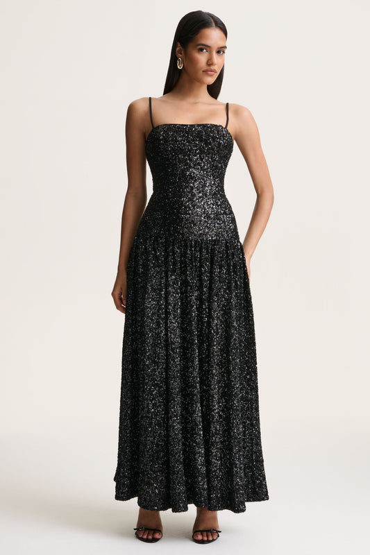 Allora | Black Sequin Square-Neck Maxi Dress With Pleated Skirt