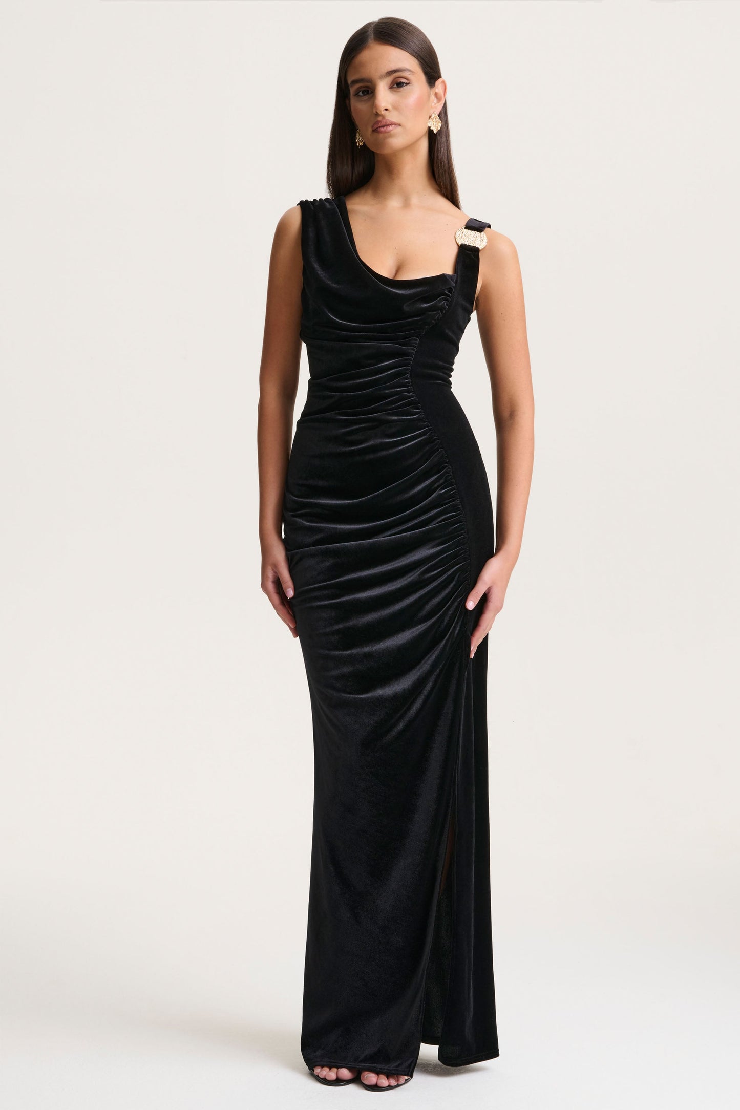 Jovita | Black Velvet Cowl-Neck Maxi Dress With Gathered-Detailing