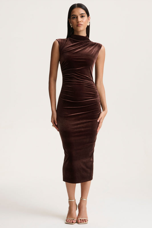 Novine | Brown Velvet High-Neck Midi Dress