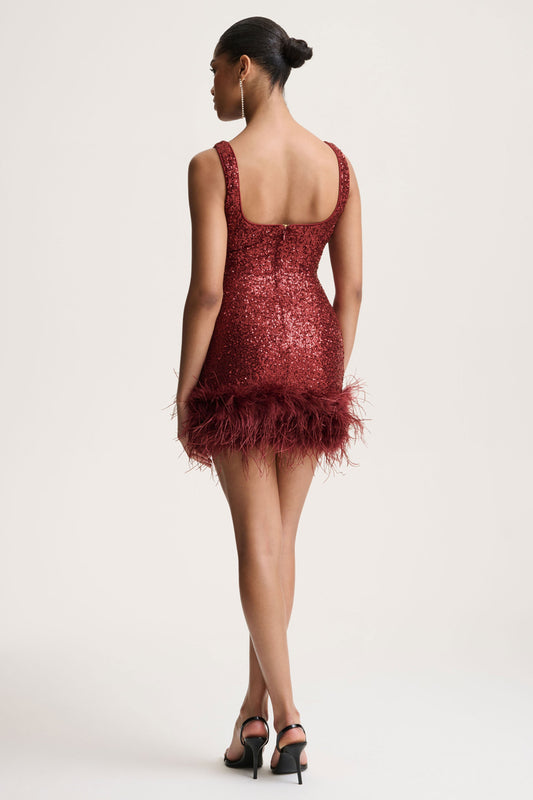 Rosalinda | Burgundy Sequin Square-Neck Mini Dress With Feather Trim