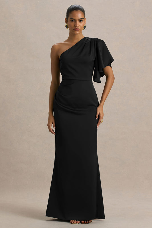 Unforgettable | Black Asymmetric-Neck Maxi Dress With Ruffled Detailing
