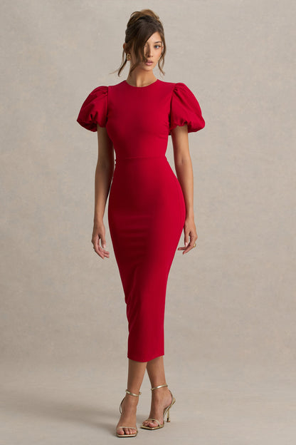 Dakota | Red Puff-Sleeve Midi Dress